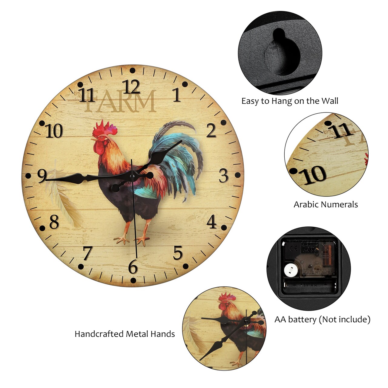 Farmhouse Rooster Wall Clock Battery Operated 12 Inch (30 cm) - Silent Frameless Kitchen Decor Analog Clock for Home, Office, Bedroom